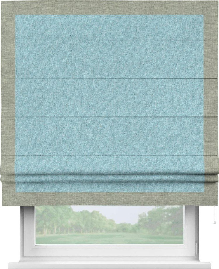 Римская штора «Кортин» с кантом Чесс, для проема, ткань лён кашемир голубой